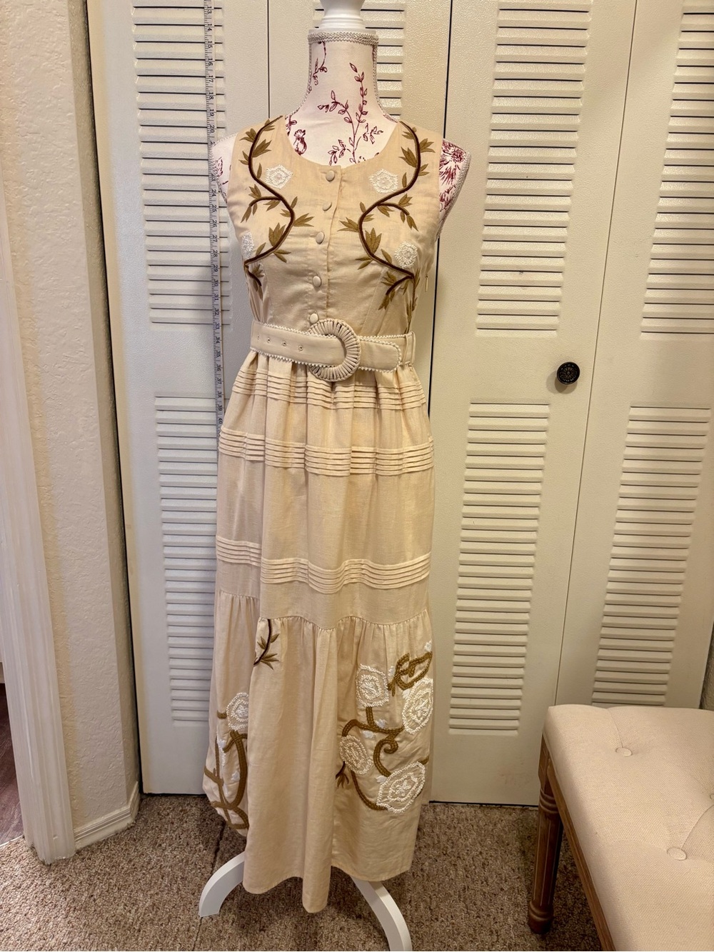 Embroidered Cream Sleeveless Belted Maxi Dress